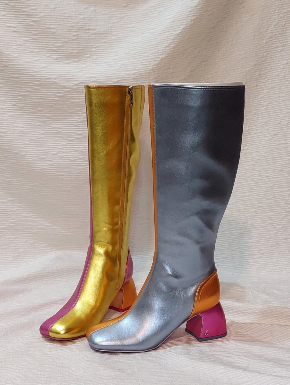 Metallic Two-Tone Knee Boots in Gold, Silver and Pink